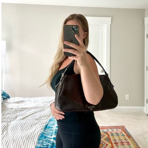 Prada Patent Leather Shoulder Hobo Bag Buckle Flap Triangle Logo - Picture 5 of 17